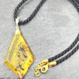 Puikus gintaro pakabukas ant juodos virvės