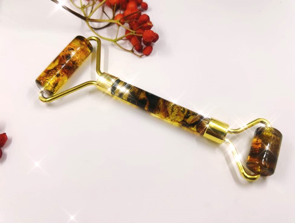 Dvigubas masažinis volelis iš natūralaus gintaro veidui ir kūnui