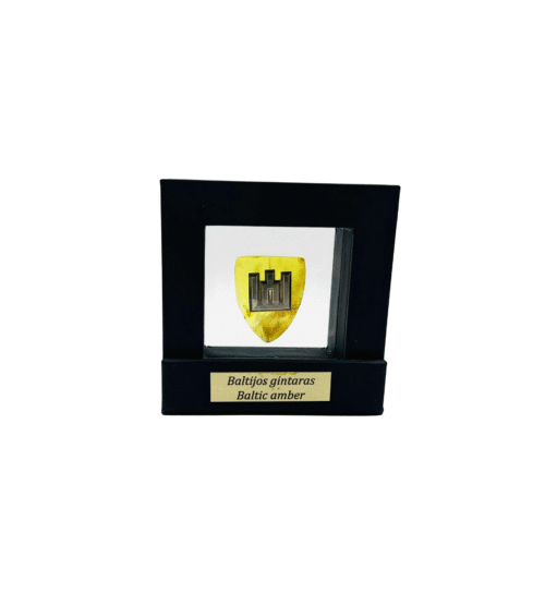 Gintaro suvenyras su Lietuvos kariuomenės ženklo rėmelyje